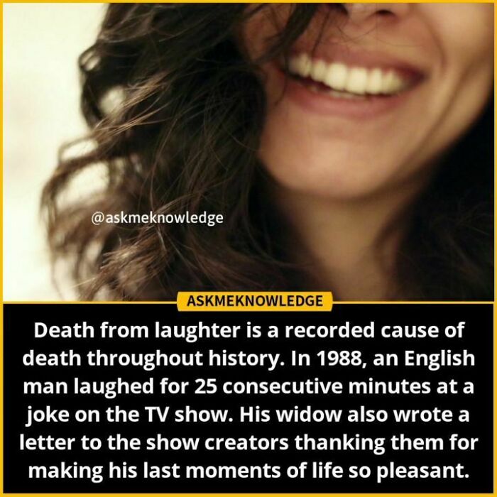 Smiling woman with text overlay about an English man who died from laughter, shared by an Instagram page on interesting facts.