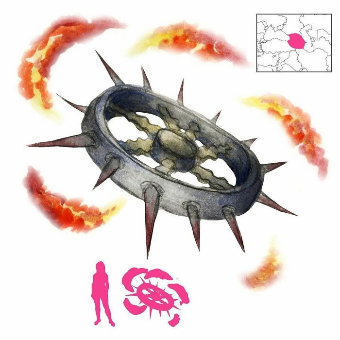 The Barcädžy Calh, The Wheel Of Balsæg Or Cutting Wheel, Is A Malevolent Thinking Automaton From Caucasian Mythology. It Descends From The Clouds, Armed With Razor-Sharp Spikes And Spurting Flames. It Caused The Death Of The Hero Soslan