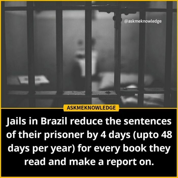 Blurred image of a jail cell with text about prison sentence reduction for reading books in Brazil; shared by an Instagram page.