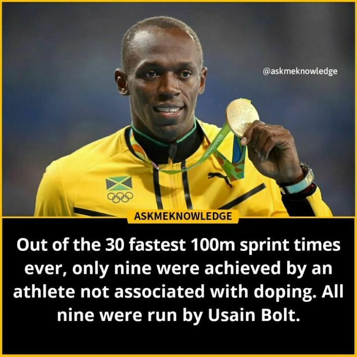 Athlete holding a gold medal with facts about 100m sprint times shared by an Instagram page.