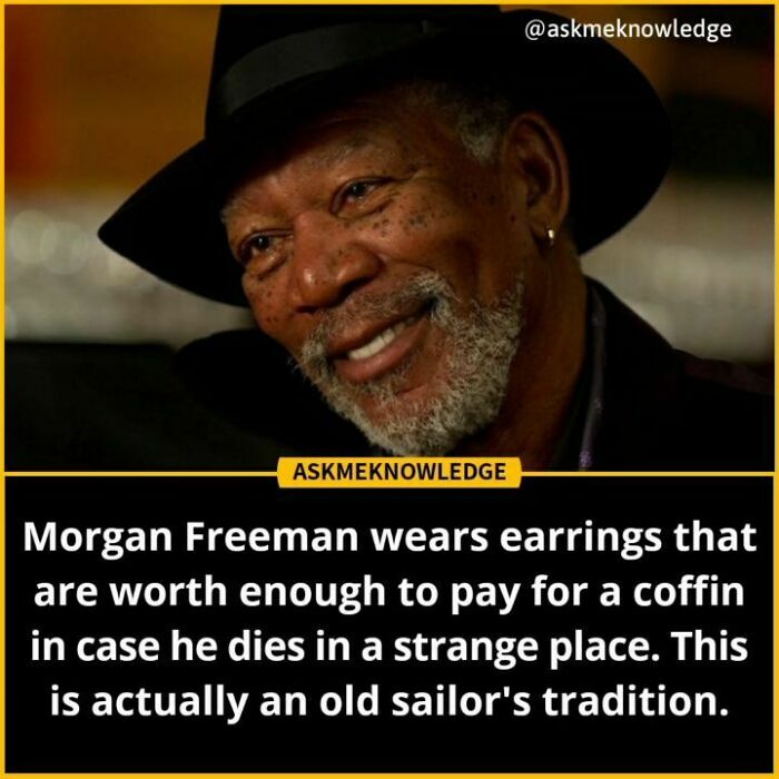 Man smiling, wearing a hat and earring; text describes an interesting fact about an old sailor's tradition.