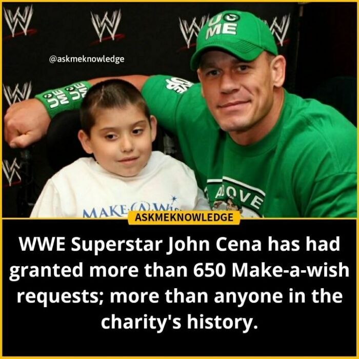 A WWE superstar in green poses with a Make-A-Wish recipient, highlighting interesting facts shared by an Instagram page.