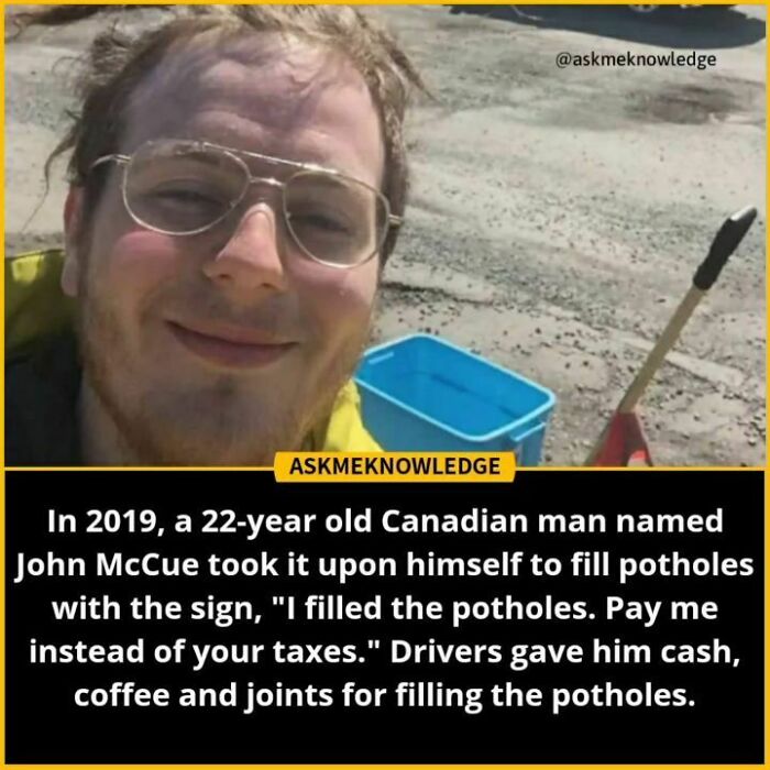 Man smiling near a road with a shovel and bucket, related to interesting facts from Instagram.