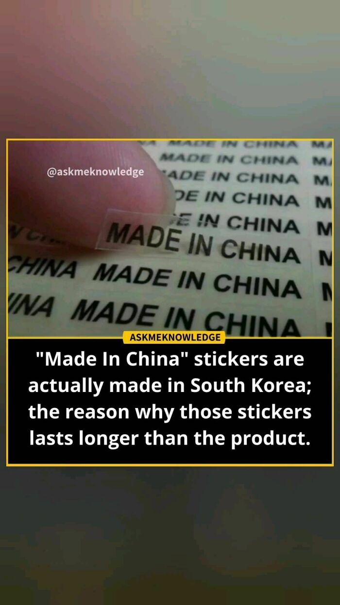 “Made in China” sticker being examined, revealing an interesting fact; focus on surprising origins.