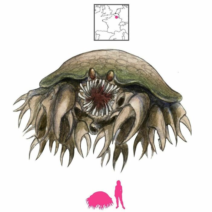 The Traîcousse Or Trécouche Is A Water Bogey From The Ardennes. It Looks Like A Crab With Countless Pincer Legs And A Huge Mouth Bristling With Sharp Teeth. Anyone Who Comes Near The Water Is Dragged In And Eaten, And The Traîcousse Vomits Up Their Bones And Skin In A Churning Mass Of Foam And Blood