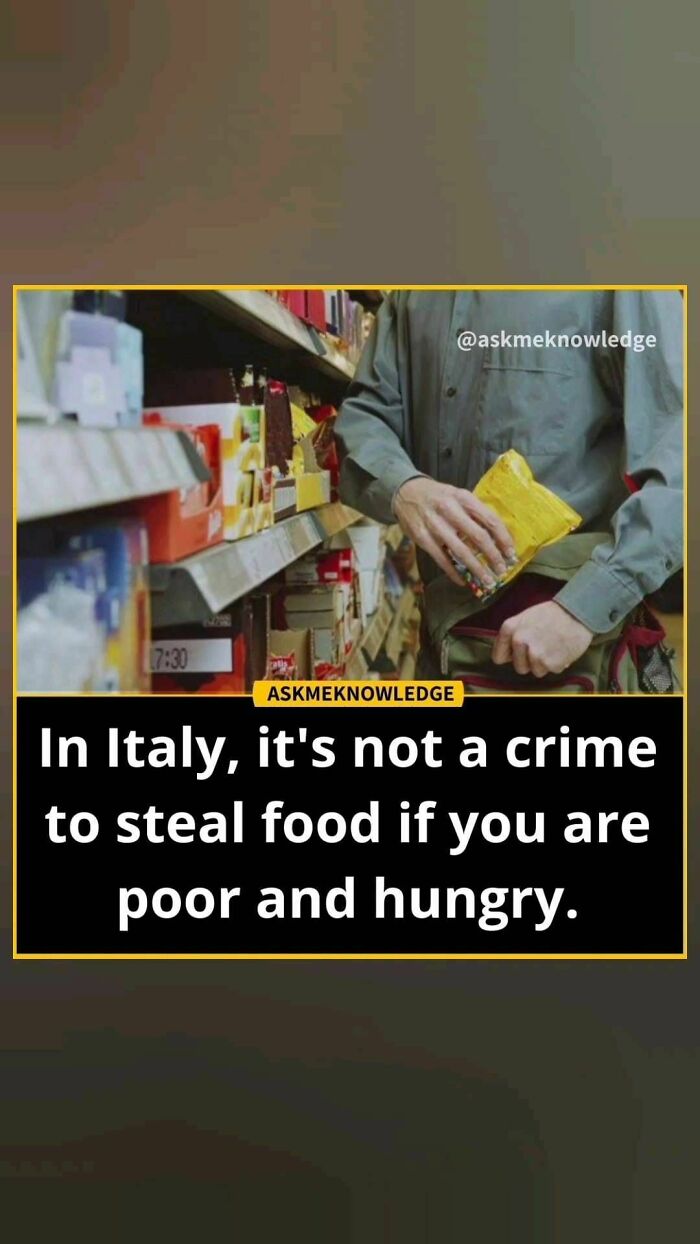 Man shopping in a grocery aisle; text discusses a legal fact about stealing food in Italy when poor and hungry.