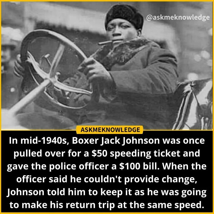 Boxer in a car during the 1940s, highlighting interesting facts about a speeding ticket incident shared on Instagram.