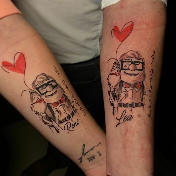 Matching tattoos on forearms featuring a couple with a heart balloon, symbolizing special connections in your life.