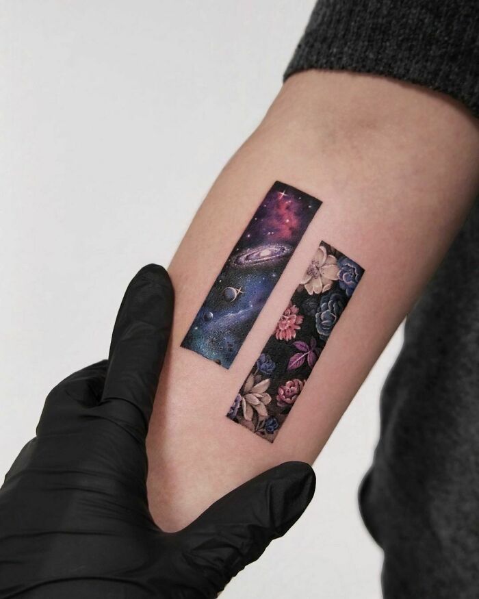 Two rectangular tattoos featuring a cosmic scene and floral pattern on a forearm, perfect for astrology fans.