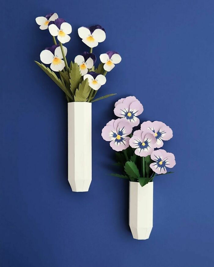 Pansy made out of a paper in vases