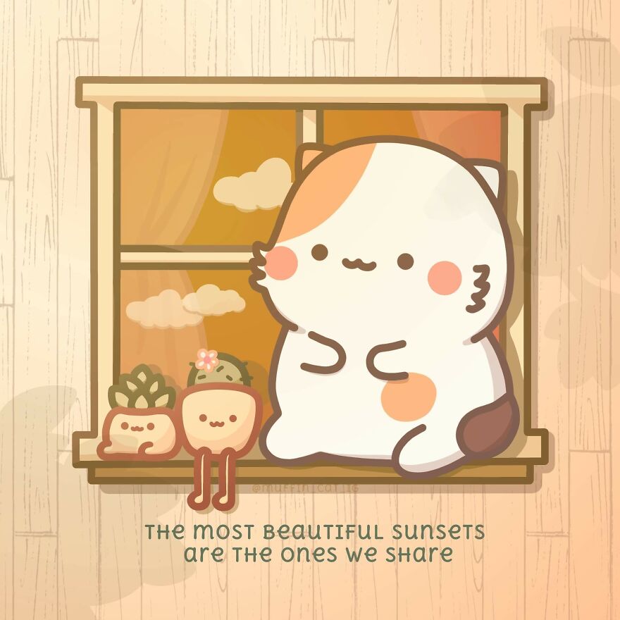 Muffin Enjoying The Sunset With Her Little Flower Pot Friends