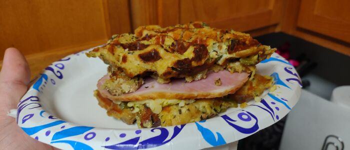 Thanksgiving Leftover Sandwich. Stuffing Waffle, Ham, Turkey, Cranberry Sauce, Mushroom Casserole, Broccoli Rice Casserole