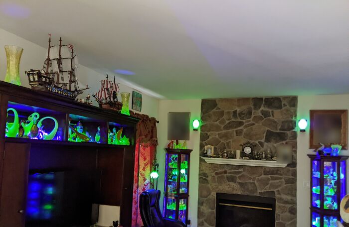 My Collection Of Vaseline Glass. (Glass Made With A Tiny, Safe, Amount Of Uranium, So It Glows Under UV Light)