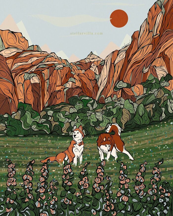 Two Huskies In The Mountains