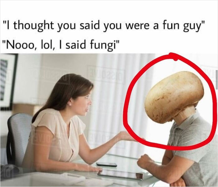 Woman talking to a person with a mushroom head, highlighted by a red circle, illustrating an obvious visual pun.