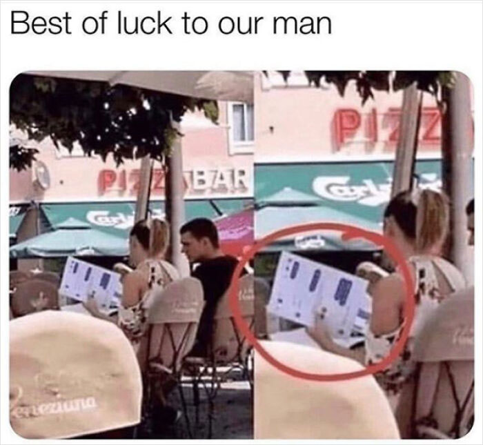 Two people sitting at a cafe with a red circle highlighting something too obvious to miss on a menu.