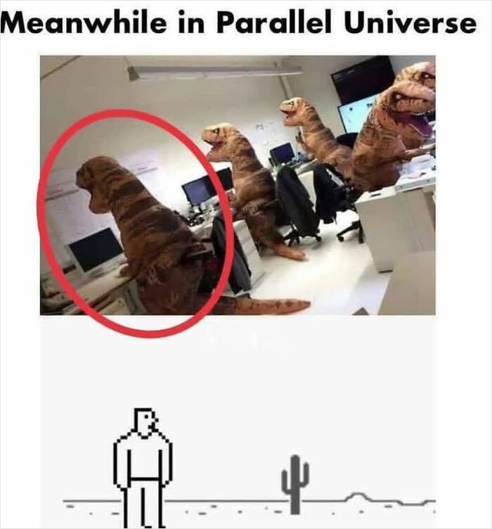 Dinosaurs seated at desks in an office, one highlighted with a red circle, illustrating an obvious detail in a parallel universe.