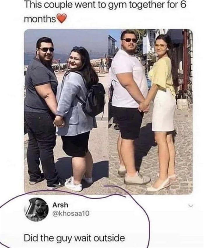 Couple transformation after 6 months at the gym, humorous comment highlights obvious change.