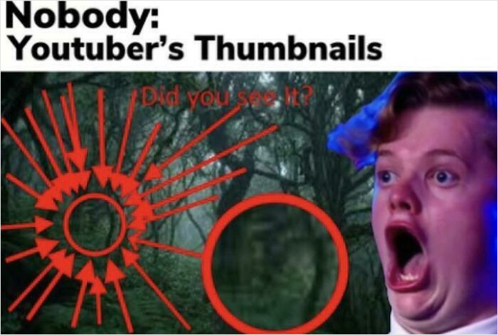 YouTuber's thumbnails show red circles highlighting obvious things, with a shocked face reacting to the scene.