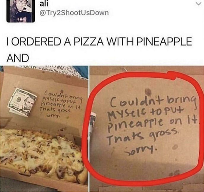Pizza order without pineapple, red circle highlighting a handwritten note refusing to add it, found in an online group.