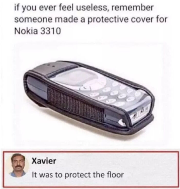 Nokia 3310 in a protective cover with humorous caption about its durability.