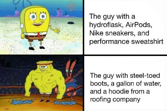 SpongeBob gym meme comparing fashionable gym gear to rugged workout attire, relatable to true gym rats.