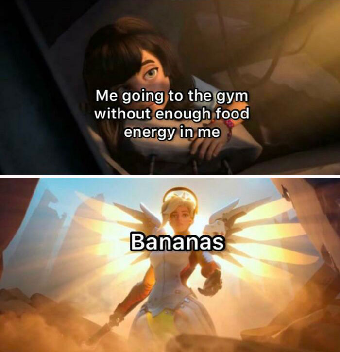 Animated gym meme about lacking energy with comic relief using bananas for a boost.