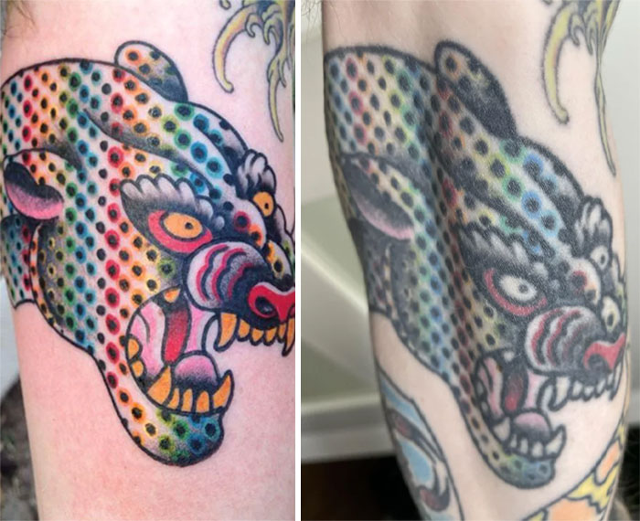 Aged tattoo of a colorful panther, showing fade and distortion over time.
