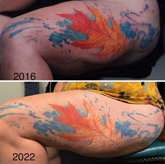 Comparison of an aged tattoo from 2016 to 2022, showing changes in color and clarity over the years.