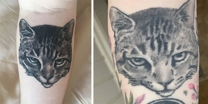Aged tattoos: Comparison of a cat tattoo over the years, showing fading and changes.