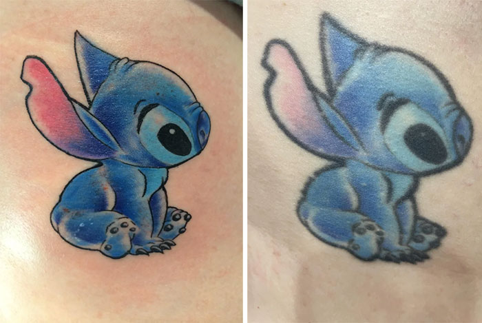 Aged tattoos showing fading and color changes of a cartoon character over time.