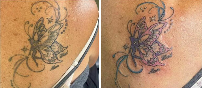 Aged tattoos of a butterfly on shoulder, showing color and detail changes over the years.