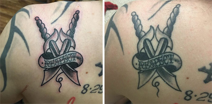 Aged tattoo showing fading colors and blurring outlines over years, with "Respect" banner on shoulder.