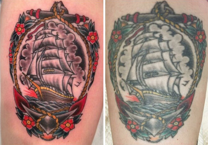 Aged tattoos showing color fading over time in a nautical ship design.