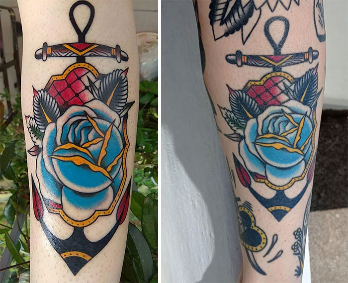 Aged tattoos with blue rose and anchor design showing color fading over time.