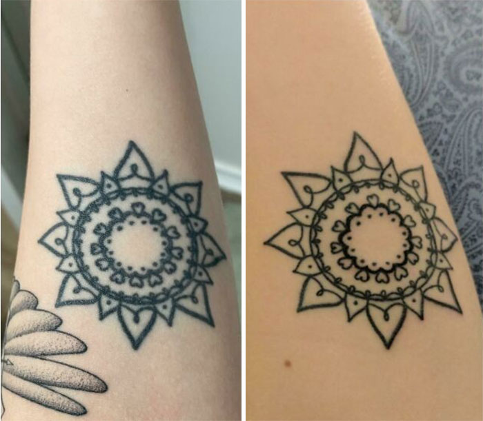 Two aged tattoos on arms, showing ink fading and line changes over time.