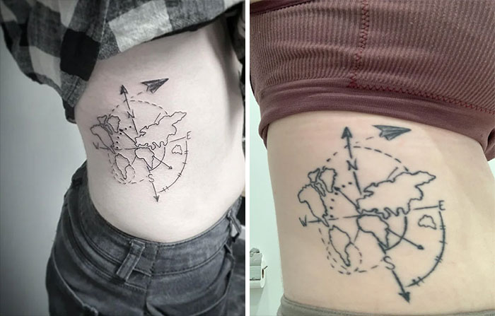 Aged tattoos showing changes over time on a person's side, featuring a map and compass design.