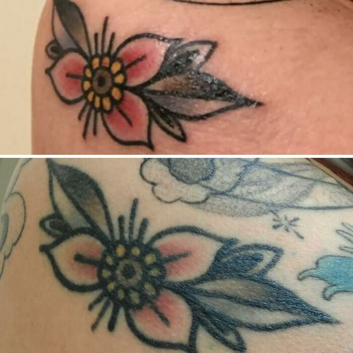 Top: Fresh colorful flower tattoo. Bottom: Aged flower tattoo, faded colors. Illustrates how tattoos change over the years.