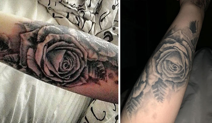 Aged tattoos on arms showing how designs of roses fade and blur over time.