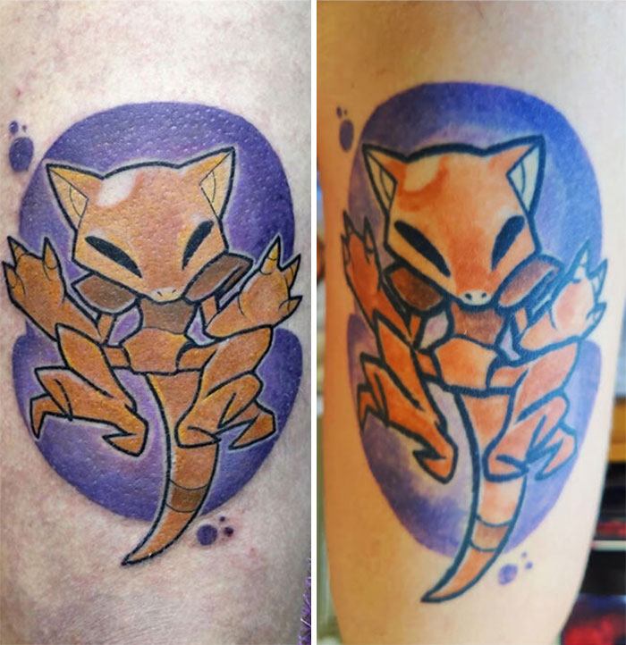 Aged tattoo comparison showing design and color changes over the years on a stylized creature tattoo.