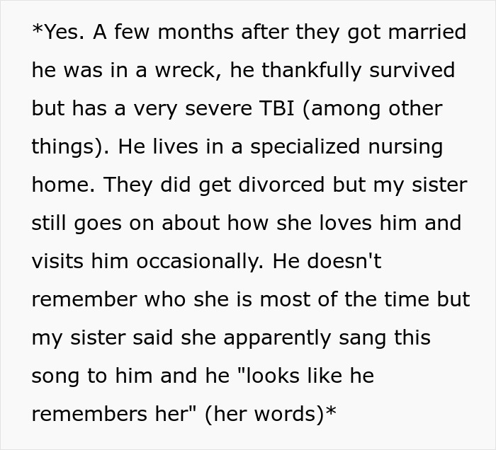 Woman&rsquo;s Husband Can&rsquo;t Remember His Wife After Being In A Wreck, Her Half-Sister Still Refuses To Choose Another Song For Her Wedding Other Than Theirs