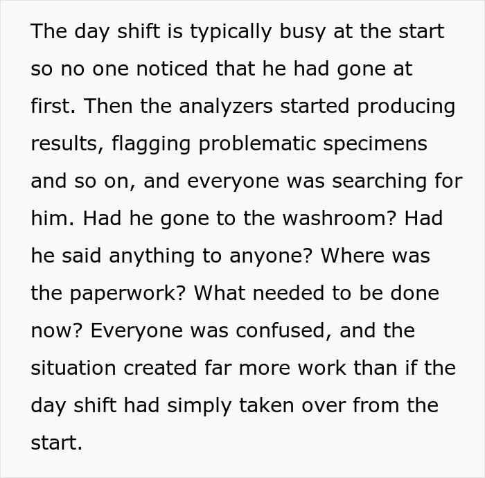 "And Then, At Exactly 7AM, He Quietly Went Home": Lab Employee Maliciously Complies With The Shift Manager As She Orders Him To Keep Working After Hours "And Then, At Exactly 7AM, He Quietly Went Home": Lab Employee Maliciously Complies With The Shift Manager As She Orders Him To Keep Working After Hours