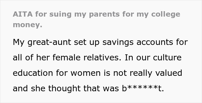 Family Are Furious With Daughter After She Sues Them For Stealing Her College Fund So Their Son Could Have A Grand Wedding