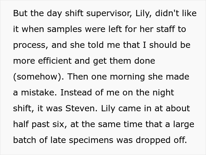 "And Then, At Exactly 7AM, He Quietly Went Home": Lab Employee Maliciously Complies With The Shift Manager As She Orders Him To Keep Working After Hours "And Then, At Exactly 7AM, He Quietly Went Home": Lab Employee Maliciously Complies With The Shift Manager As She Orders Him To Keep Working After Hours