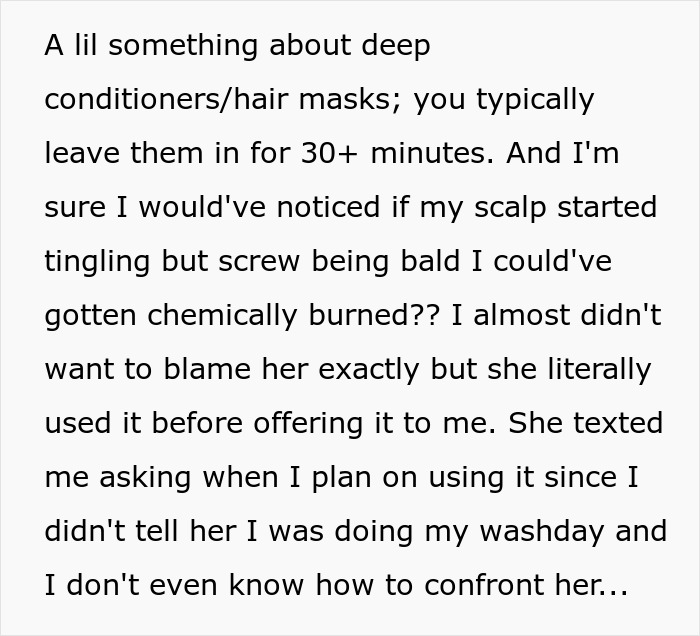Woman Accidentally Discovers Hair Removal Cream In Hair Conditioner Her Friend Wanted Her To Use Before Birthday, Gets Blocked When She Confronts Her