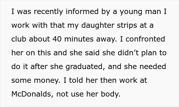 22 Y.O. Daughter Doesn't Want To Leave Her Stripper Job Since It's 'Easy Money', Dad Ends Up Refusing To Help Her With Car Payments 22 Y.O. Daughter Doesn't Want To Leave Her Stripper Job Since It's 'Easy Money', Dad Ends Up Refusing To Help Her With Car Payments