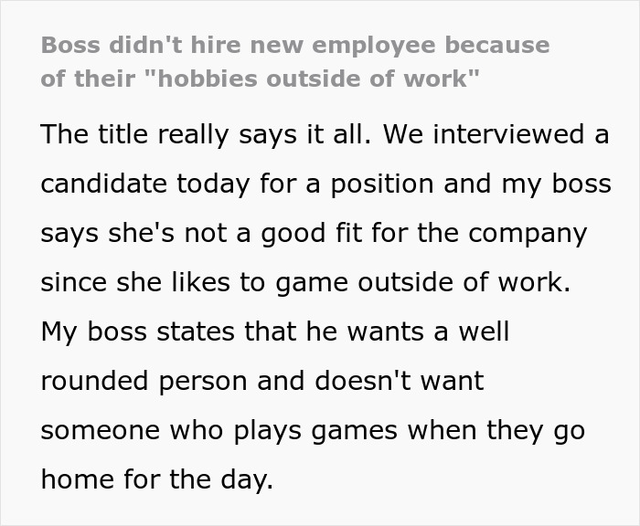 Boss Doesn’t Hire Woman Just Because She Plays Video Games In Her Free Time, Starting Online Outrage Boss Doesn’t Hire Woman Just Because She Plays Video Games In Her Free Time, Starting Online Outrage