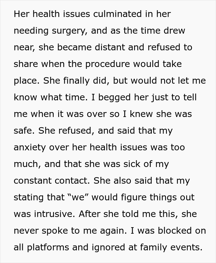 "She Said That My Anxiety Over Her Health Issues Was Too Much": Family Drama Arises As Woman Cuts Off Contact With Her 'Too Intrusive' Sibling