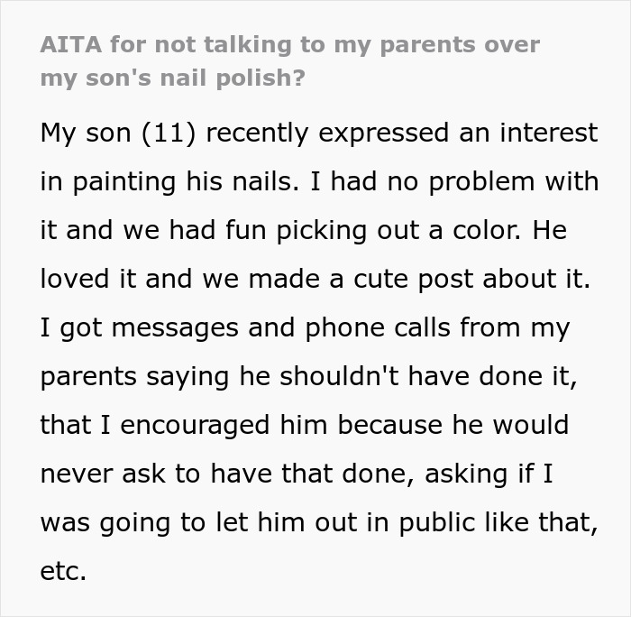 “There Is Zero Harm In Letting Him Express Himself”: Mom Stops Talking To Her Parents After What They Said About Her Son’s Nail Polish “There Is Zero Harm In Letting Him Express Himself”: Mom Stops Talking To Her Parents After What They Said About Her Son’s Nail Polish