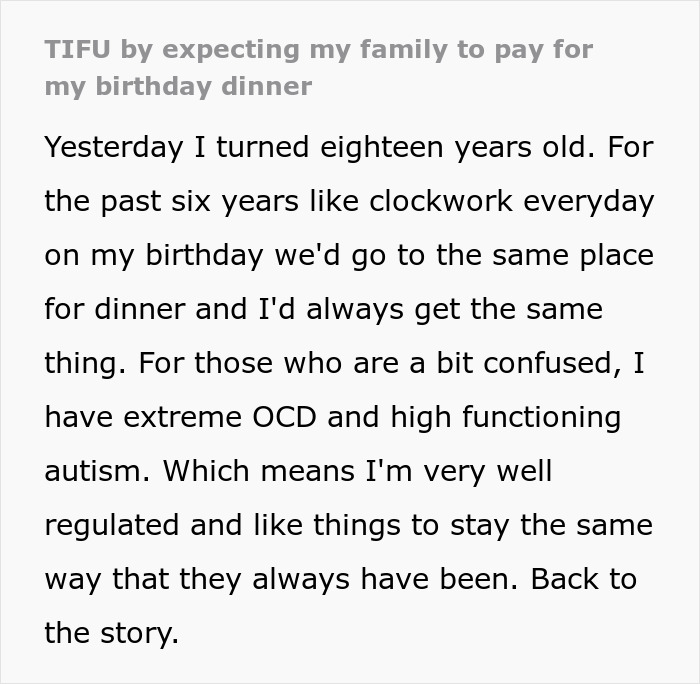 Person Shares How They Failed To Notice Key Cues That Their Parents Wouldn't Pay For Their 18th B-Day Dinner Person Shares How They Failed To Notice Key Cues That Their Parents Wouldn't Pay For Their 18th B-Day Dinner